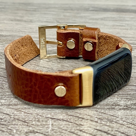 Brown Grain Leather Gold Jewelry Fitbit Charge 5 Band Women Strap Bracelet - Picture 6 of 8